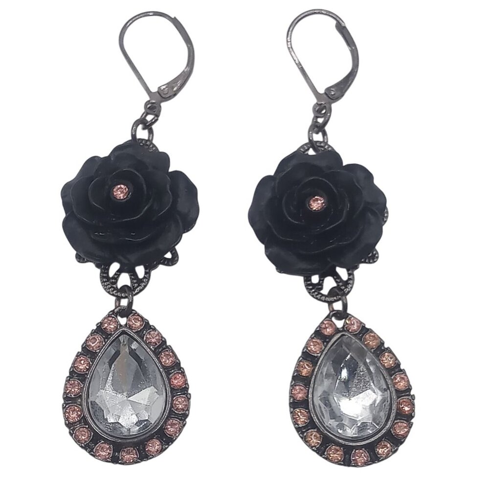 Black Rose Bud Earrings Dangled Crystal Teardrop Rhinestones Lever Back Closure